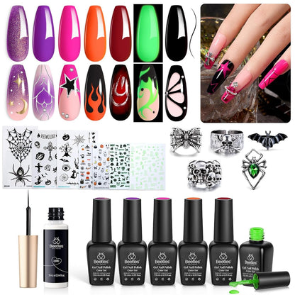 Beetles Gel Nail Polish Set, 6 Retro Colors Old School Collection Soak Off UV Gel Polish Red Yellow Blue Orange Green Gel Polish Nail Art Design Spring Manicure Kit Salon DIY Gifts for Women Girls