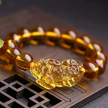 Feng Shui Yellow Quartz Pixiu Pi Yao Bracelet Wealth Crystal Bracelet Attracts Wealth Yellow Bracelet Ward off Evil Spirits Couple Bracelet Amulet,12Mm