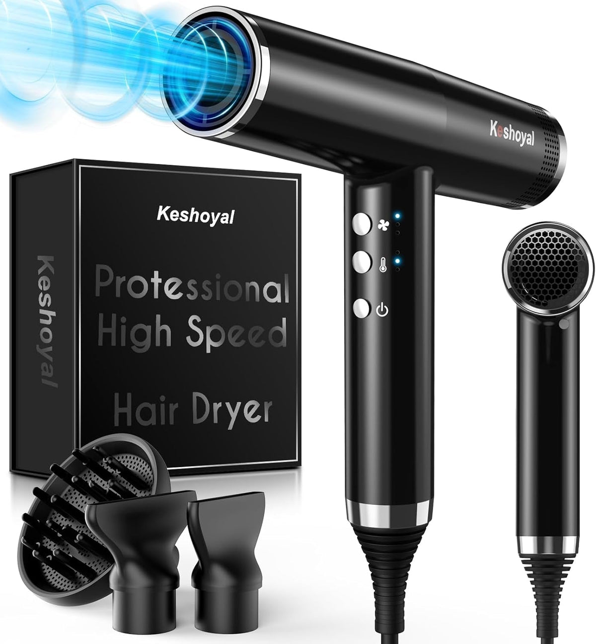 Professional High Speed Hair Dryer, Ionic Hair Dryer 110,000 RPM Brushless Motor for Fast Drying,1600W Low Noise Blow Dryer, Portable Hair Dryer for Travel Home Gift (Black)