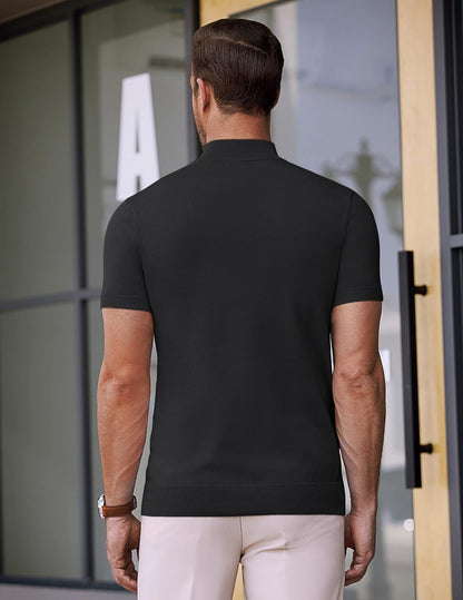 Mens Mock Turtleneck Sweater Short Sleeve Solid Color T-Shirts Basic Slim Fit Knitted Pullover Tees