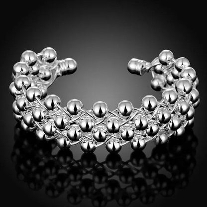 925 Sterling Silver Smooth Round Beads Hand-woven Four-row Wide Face Bangle Bracelet Fashion Charm Party Jewelry