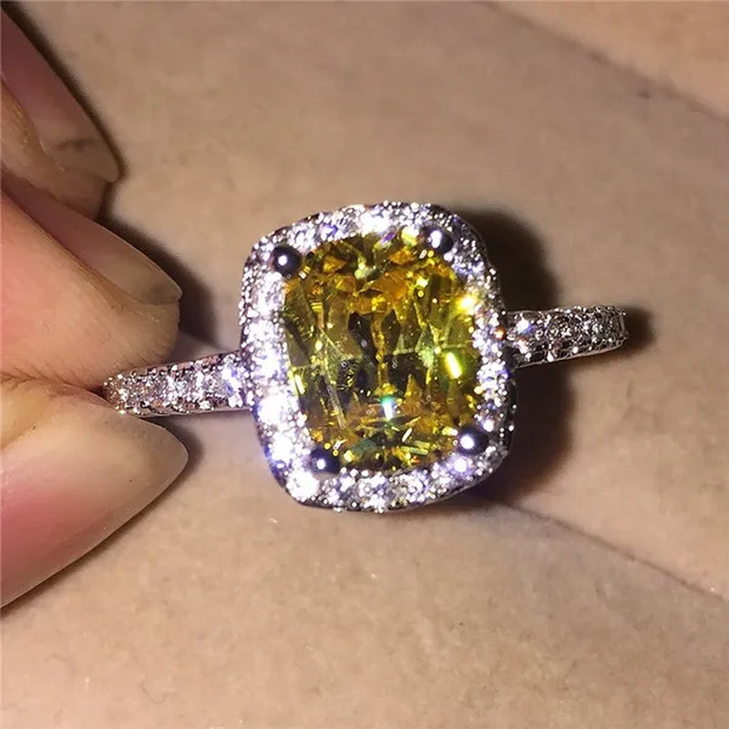 New Quality wholesale 100% Real Pure 925 Sterling Silver 3ct Yellow Topaz Square CZ Diamond rings Elegant Women Engagement Wedding Rings