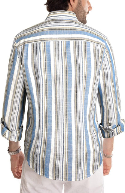 Men'S Cotton Shirts Casual Long Sleeve Button-Down Striped Dress Shirt