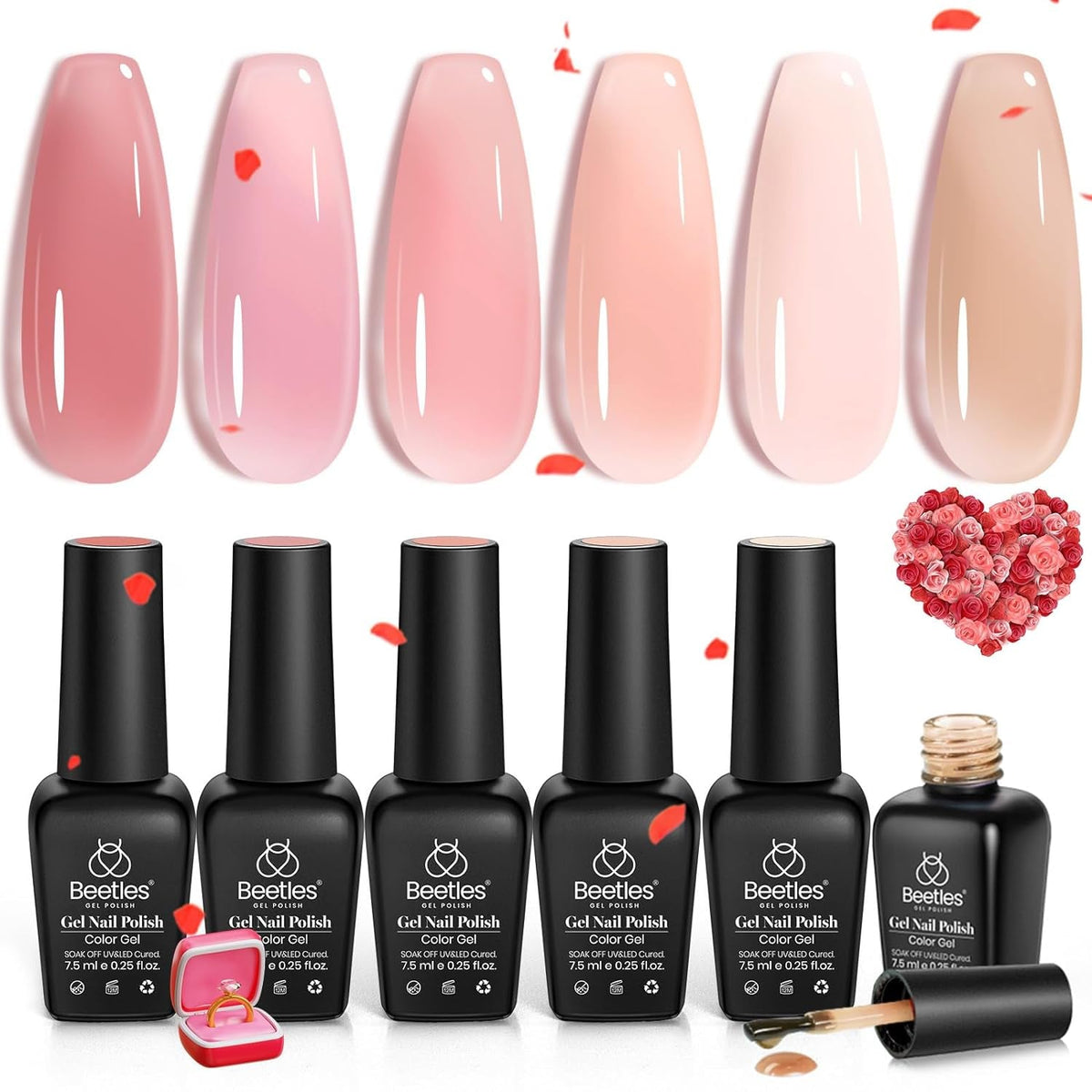 Beetles Gel Nail Polish Set, 6 Colors Jelly Gel Polish Nude Pink Gel Neutral Nail Art Design Translucent Gel Nail Kits Soak Off Uv Nail Lamp Cured Nail Manicure DIY Home for Women