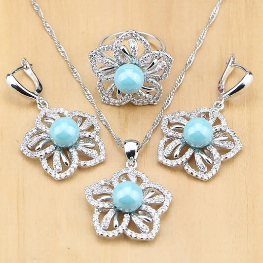 Flower 925 Silver Jewelry Set Blue Pearl With Beads Pendant Drop Earrings Rings Necklace  For Women