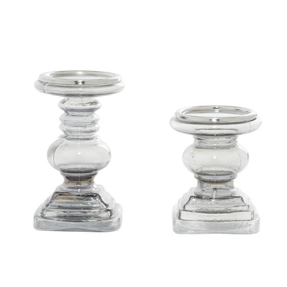 Silver Glass Handmade Turned Style Pillar Candle Holder (Set of 2)