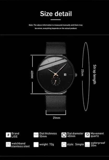 LIGE 2024 Fashion Mens Watches Top Brand Luxury Quartz Watch Men Casual Slim Mesh Steel Waterproof Sport Watch Relogio Masculino