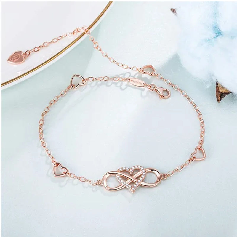 Exquisite Fashion Womens Ankle Bracelet 925 Sterling Silver Anklet Cubic Zirconia Infinity Heart Summer Beach Stylish Chain Adjustable Gift for Women