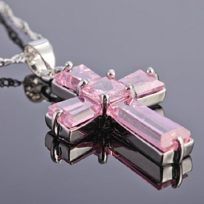 Cross Pendant with 18" Chain & Trapezoid Square Cut CZ [7 Colors Available] in White Gold Plated, Simple Modern Elegant