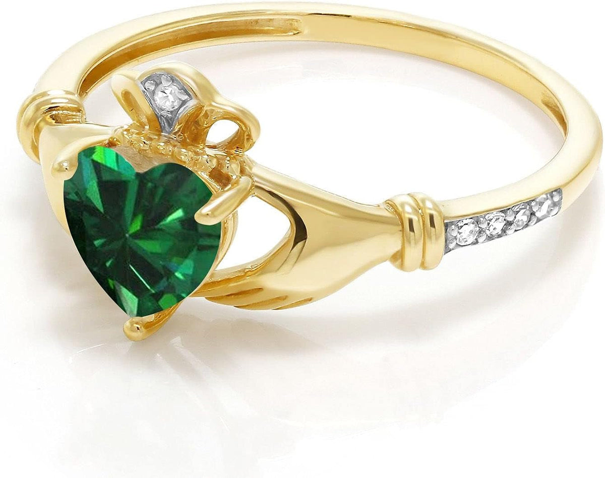10K Yellow Gold 6MM Heart Shape Gemstone Birthstone and White Diamond Irish Celtic Claddagh Engagement Ring | Gold Ring for Women | Available in Size 5, 6, 7, 8, 9