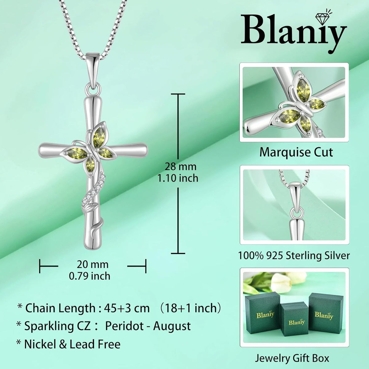 Cross Necklace for Women 925 Sterling Silver Butterfly Necklace Birthstone Created Gemstone Pendant Jewelry Gifts for Women