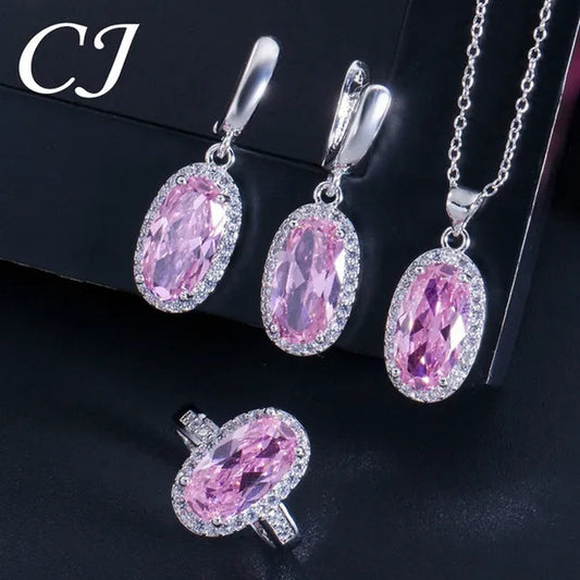 CANDICE Fashion Women Sterling Silver Plated Jewelry Sets For Girls Lovely Oval Pink CZ Stone Party Necklace Earrings Ring Set（US 7-9)