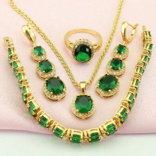 Flawless Long Gold Color Women Jewelry Sets Green Zircon Drop Earrings Necklace Pendant Rings Oval Bracelet Dating Gift
