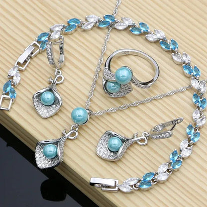 Luxury 925 Silver Bridal Jewelry Sets White Topaz Pearls Bead Charm for Women Party Horn Design Ring Bracelet Set