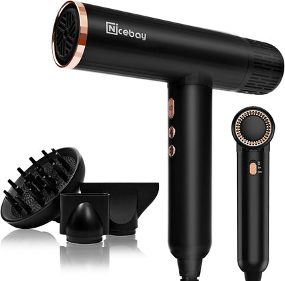 Ionic Hair Dryer with Diffuser, 1600W &110000RPM High-Speed Brushless Motor for Rapid Drying. Lightweight, Constant Temperature, Salon Blow Dryer with 3 Magnetic Attachments