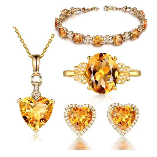 Romantic 18k Golden Plated Copper Setting Heart Shape Citrine  Jewelry Set Love Shape Pendant Necklace Heart Micro Inlaid Cubic Zirconia Stud Earrings Butterfly Open-End Ring Flower Bracelets for Women Gifts