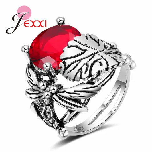 New Arrival Unique Design Dragonfly Leaf Band 925 Sterling Silver Jewelry Red Blue Green Clear AAA+ Zircon  Ring