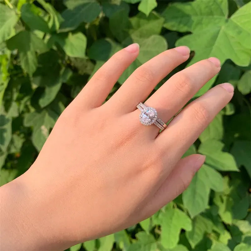 Newshe Halo Oval Cut AAAAA Cubic Zircons Trendy Jewelry Wedding Engagement Ring Set For Women Solid 925 Sterling Silver Sz 4-13
