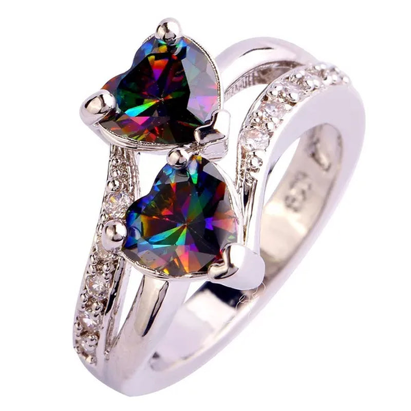 Fashion Lover Jewelry Heart Cut Rainbow & White Topaz Gemstone Silver Ring Size 5 6 7 8 9 10 11 12 13 HANNAH MARTIN