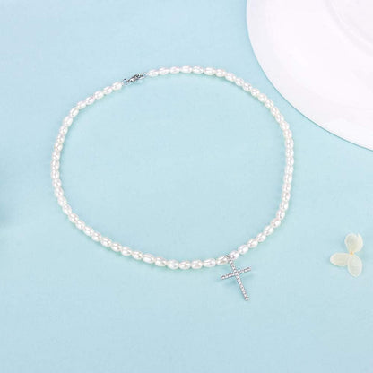 925 Sterling Silver Cross Pendant Freshwater Pearl Necklace for Women'S Pearl Strand Necklaces