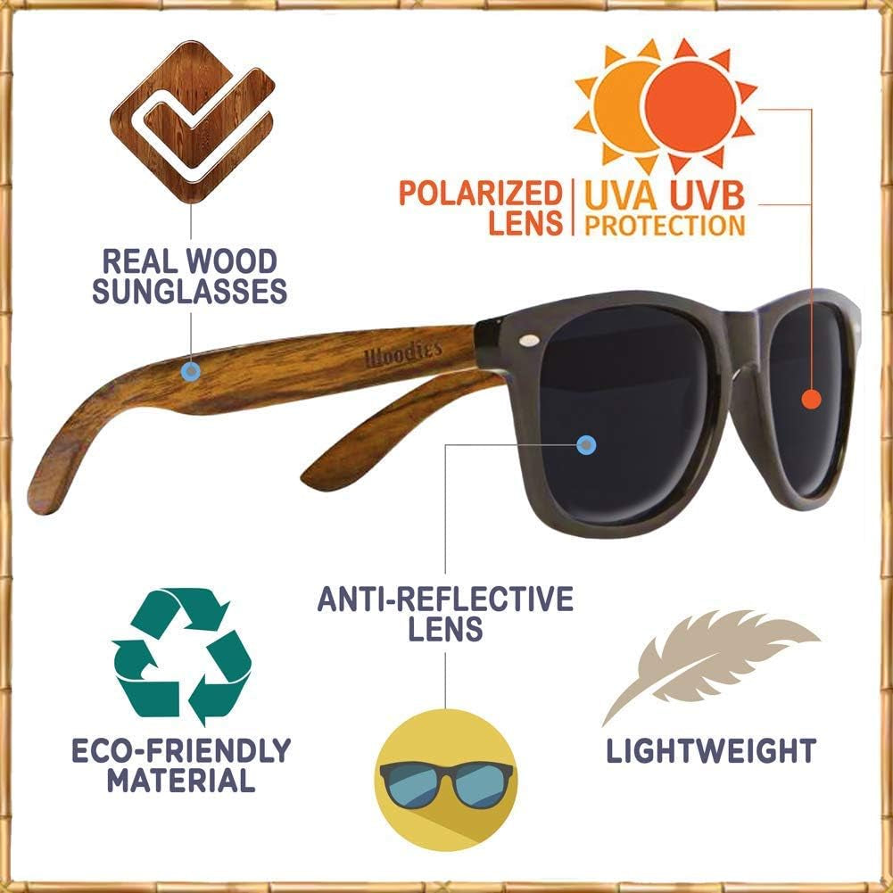 Walnut Wood Sunglasses with Dark Polarized Lenses for Men and Women | 100% UVA/UVB Ray Protection