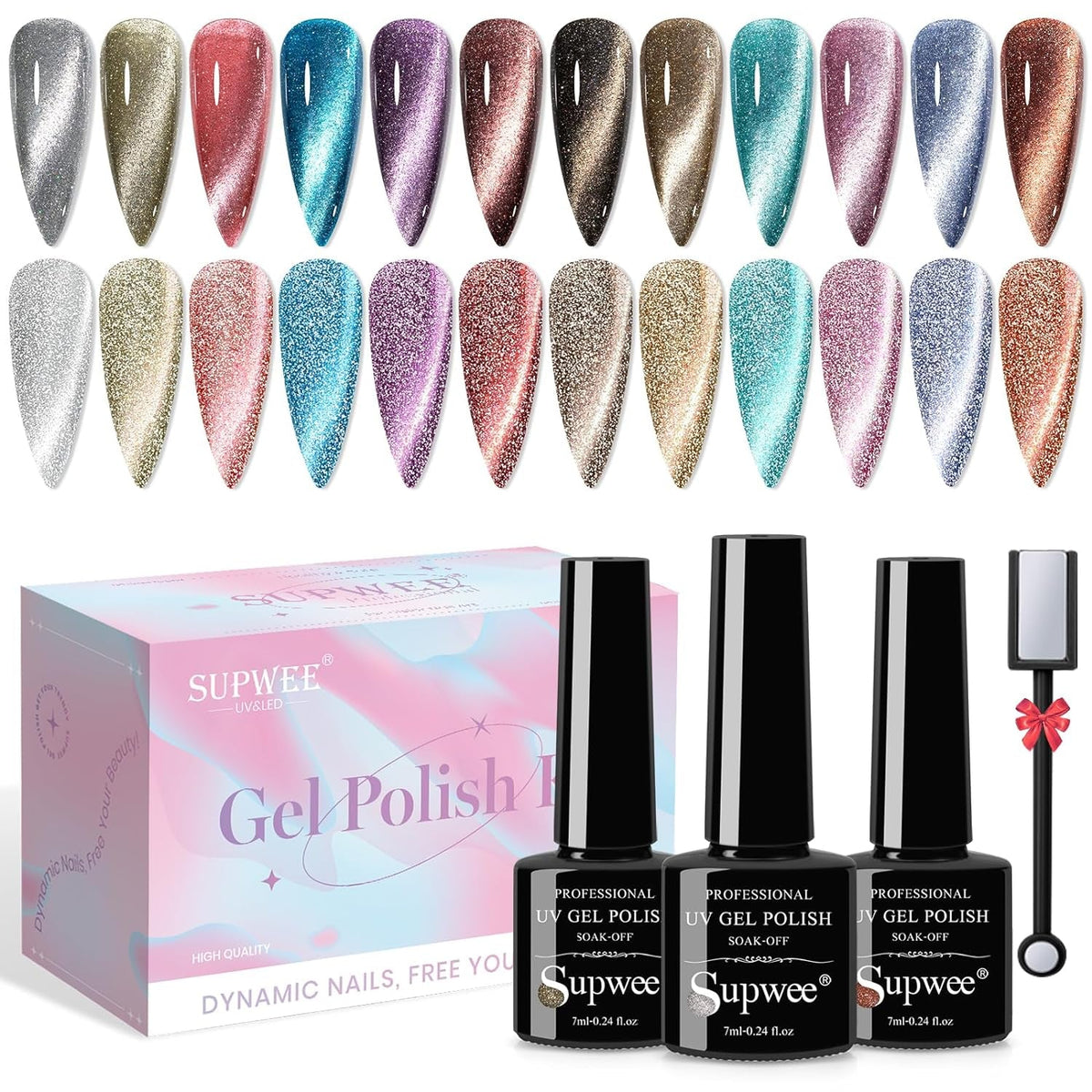 Reflective Cat Eye Gel Nail Polish Sparkling Holographic Magnetic Nail Polish Gel 9D Cateye Gel Polish Set 12 Colors with Magnet for Home DIY Manicure Nail Salon