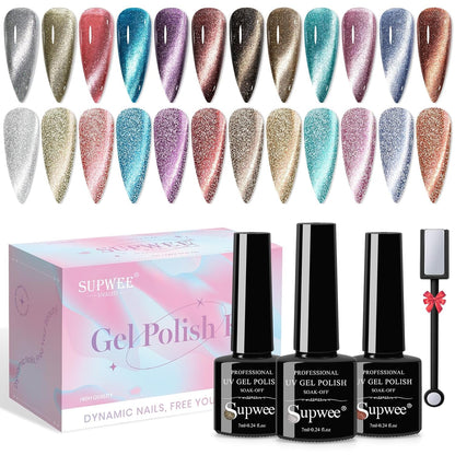 Reflective Cat Eye Gel Nail Polish Sparkling Holographic Magnetic Nail Polish Gel 9D Cateye Gel Polish Set 12 Colors with Magnet for Home DIY Manicure Nail Salon