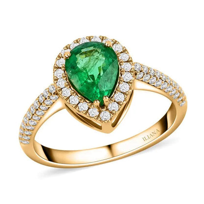 Shop LC ILIANA 18K Yellow Gold Pear AAA Emerald White Real Diamond Halo Ring Ct 1.3 G-H Color SI1 Clarity