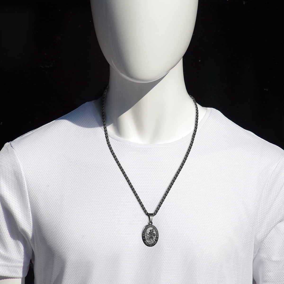 Oval Saint Christopher/Michael/Joseph/Virgin Mary/Florian/Jude Pendant Medal Necklace, Catholic Stainless Steel Wheat Chain 24 Inches