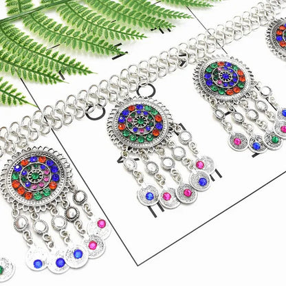 Bohemian Coin Tassel Color Rhinestones Hollow Out Waist Belly Body Chain for Woman