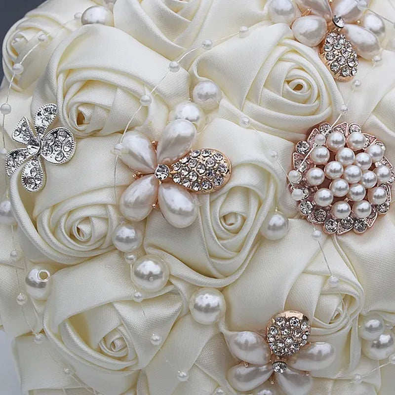 Ivory Rose Bride Wedding Bouquets Pearl Jewelry Brooch Bouquet Flowers 18cm