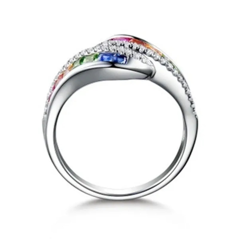 Classic Silver color Ring Rainbow Square Zircon Diamond Rings for Women Beauty Engagement & Wedding Temperament Jewelry Rings Size 6/7/8/9/10 Bague Femme