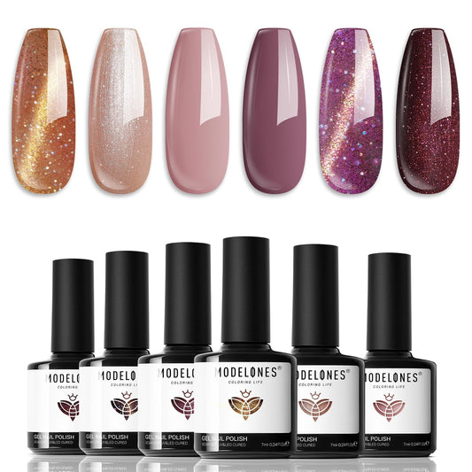 Gel Nail Polish Set, 6 Colors Nude Brown Gel Polish Glitter Burgundy Shiny Champagne Gold Magnetic Cat Eye Effect Sparkle Stunning Home Nail Art Kit Gift for Girl Women