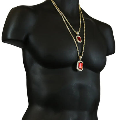 Men'S 14K Gold Plated High Fashion 2 Square Simulated Ruby Pendant 4Mm 30" & 24" Rope Chains Necklace