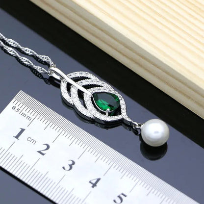 925 Sterling Silver Bridal Jewelry Sets Green Emerald with Pearls Beads Women Wedding Earrings/Pendant/Necklace/Ring/Bracelet