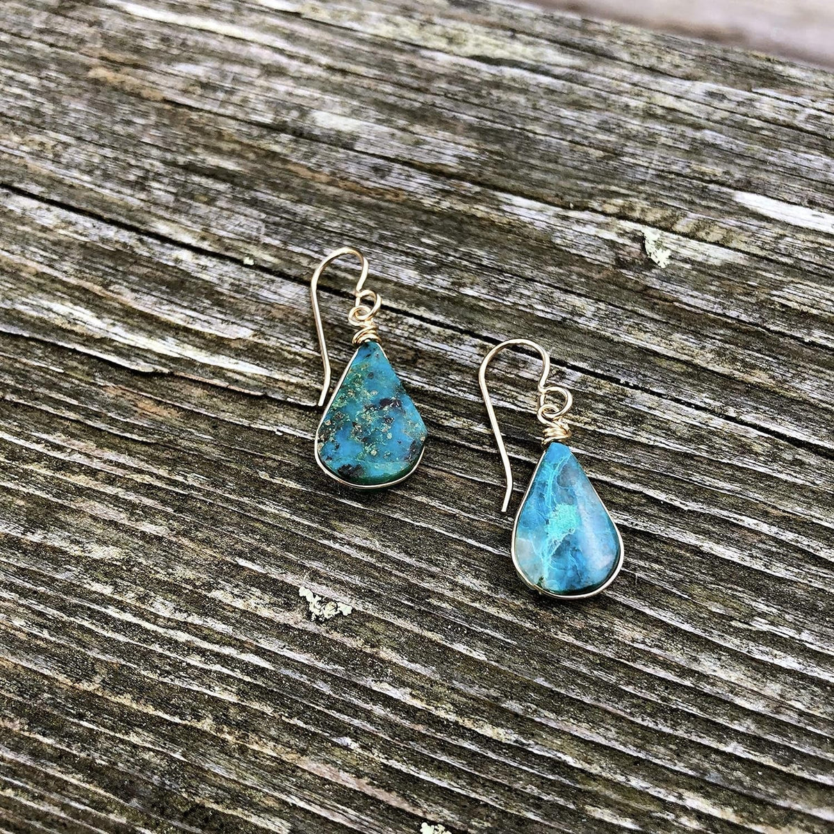 Chrysocolla Earrings Gold Filled Wire Wrap Dangle Blue Green Teardrop Stones - Handmade Healing Crystal Gemstone Jewelry Gift for Women by