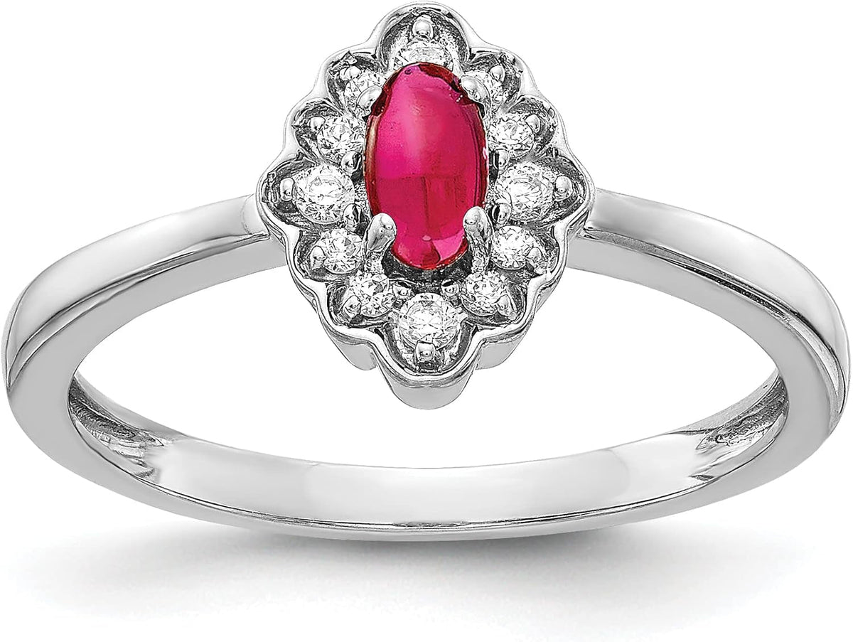 14K White Gold Diamond Oval Cabochon Ruby Ring Stone Birthstone July Gemstone Fine Jewelry for Women Gifts for Her