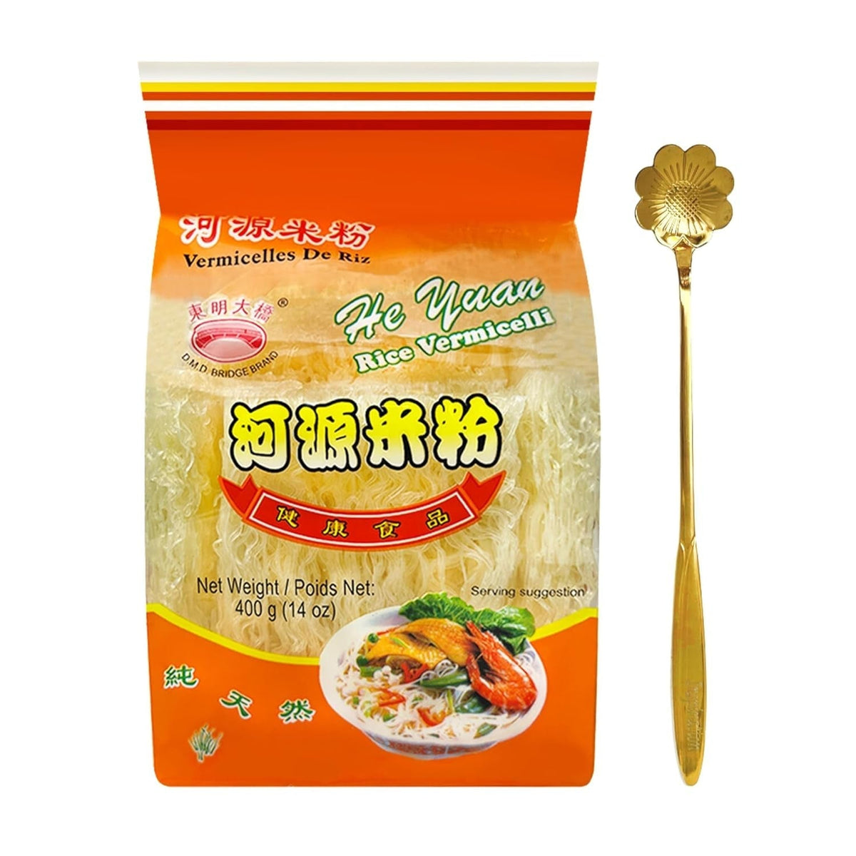 Rice Vermicelli Noodles, He Yuan Thin Rice Noodles, Maifun Rice Great for Traditional Thai, Vietnamese, Chinese, Japanese Stir Fry & Soups 14Oz (400 G) 1 PACK + 1 Steel Spoon
