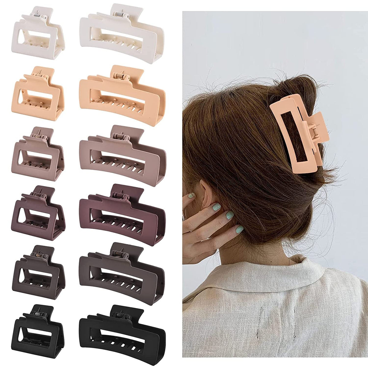 12 Pcs Rectangle Clips, Accessories for Women and Girls, Including 6 Pcs 4 Inch Large Clips for Thick Hair and 6 Pcs 2 Inch Small Clips for Thin Hair (Neutral)
