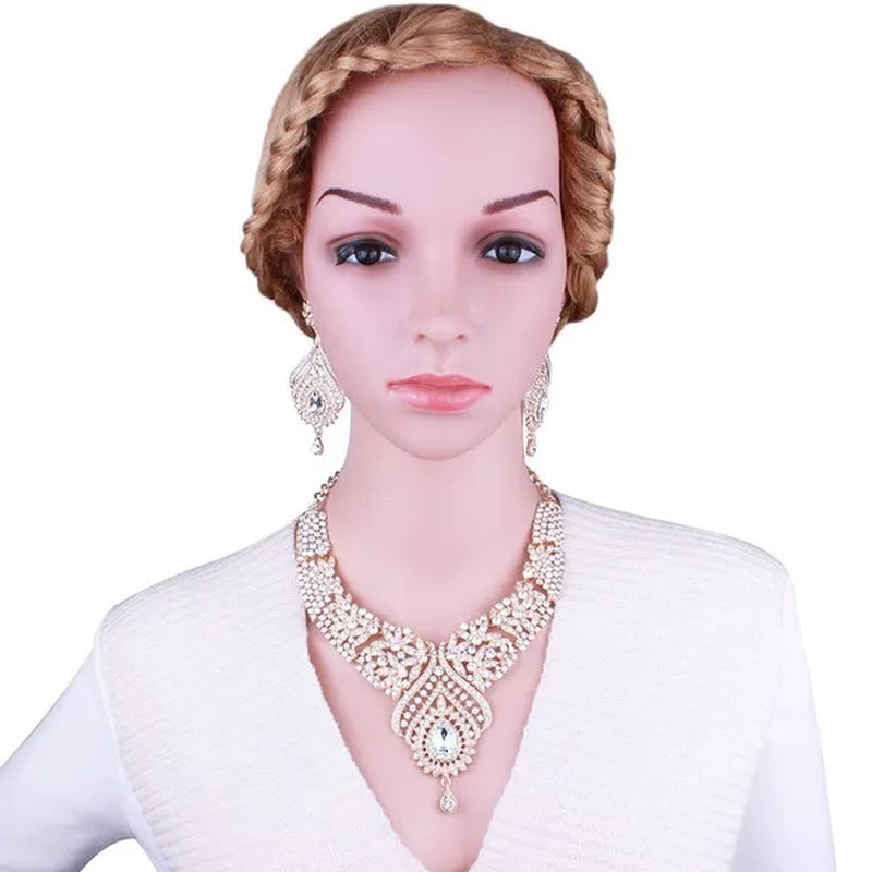 Luxury Women's Elegant Austrian Crystal Statement Necklace Earrings Bridal Party Jewelry Set For Wedding Dress