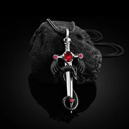 2021 New Retro Men's 316L Stainless Steel Ruby Sword and Dragon Pendant Necklace Punk Men's Party Necklace Best Jewelry Gift