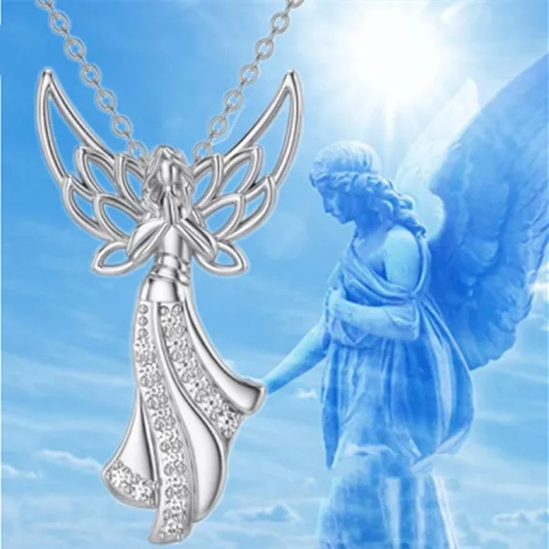 Exquisite Fashion Creative Women Angel Wings Diamond Necklace Holy Faith Angel Princess Pendant Engagement Necklace Women Diamond Jewelry Birthday Party Anniversary Gift Christmas Gift Jewelry Necklace