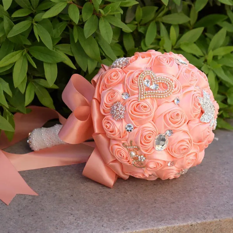 21CM Satin Ribbon Roses Wedding Bouquet Pearl Crystal Brooch Bride Holding Flowers Artificial Rose Wedding Flower Bridesmaid Bouquet. Multi-color Optional