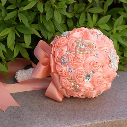 21CM Satin Ribbon Roses Wedding Bouquet Pearl Crystal Brooch Bride Holding Flowers Artificial Rose Wedding Flower Bridesmaid Bouquet. Multi-color Optional