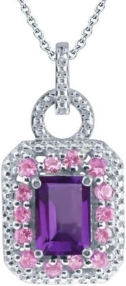 925 Sterling Silver Amethyst and Pink Sapphire Pendant Necklace for Women (1.45 Cttw, Gemstone Birthstone, Emerald Cut 7X5MM with 18-Inch Silver Chain)