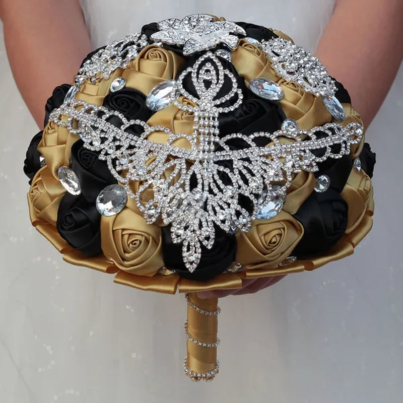 21CM Luxury Crystal Brooch Bridesmaid Bridal Bouquet Shiny Rhinestone Tassel Wedding Flower Bouquet Ribbon Silk Rose Artificial Flower Wedding Supplies