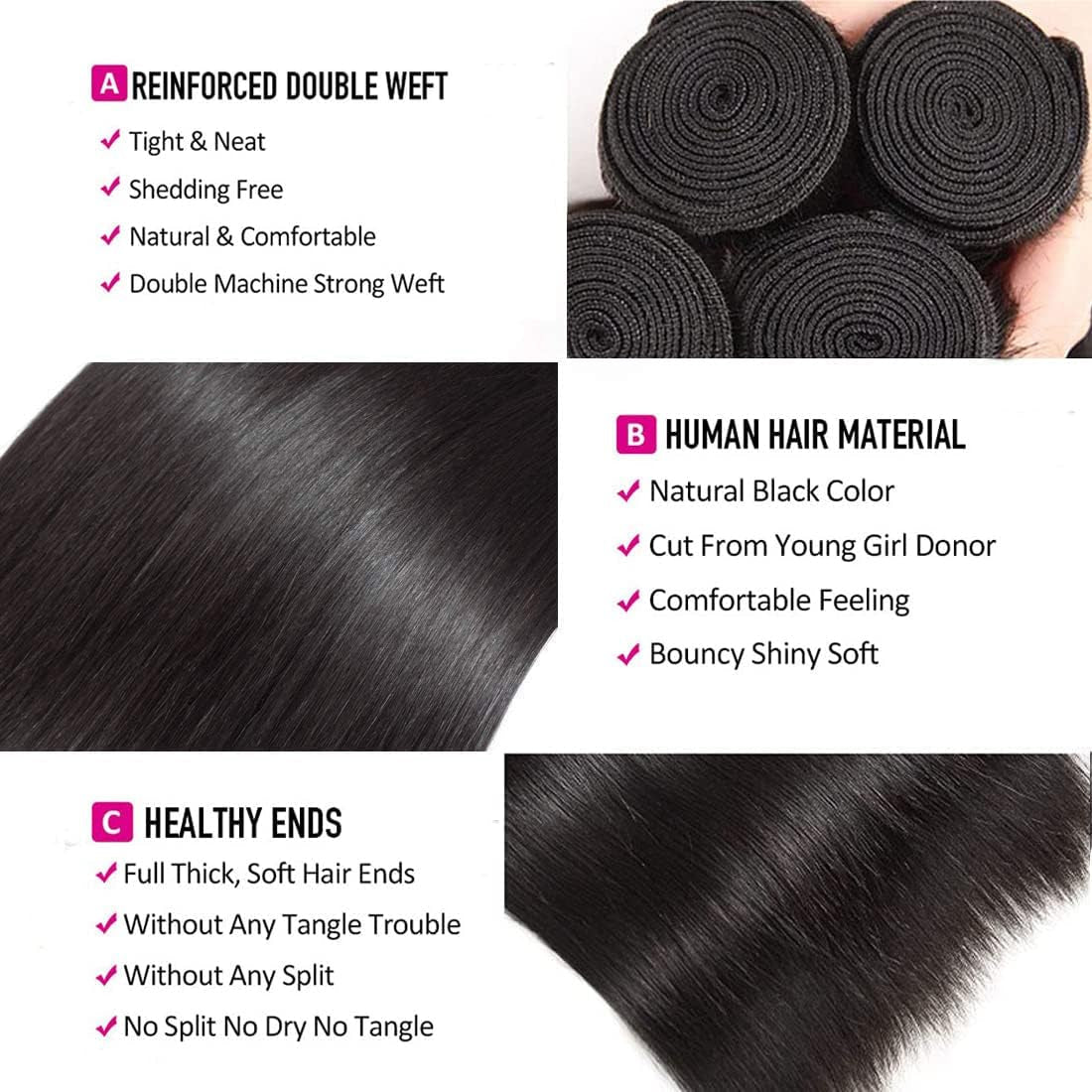 Human Hair Bundles Straight 10 12 14 16 Inch Brazilian Virgin Hair 4 Bundles Human Hair Straight 100% Unprocessed Straight Hair Bundles Weave Bundles Human Hair