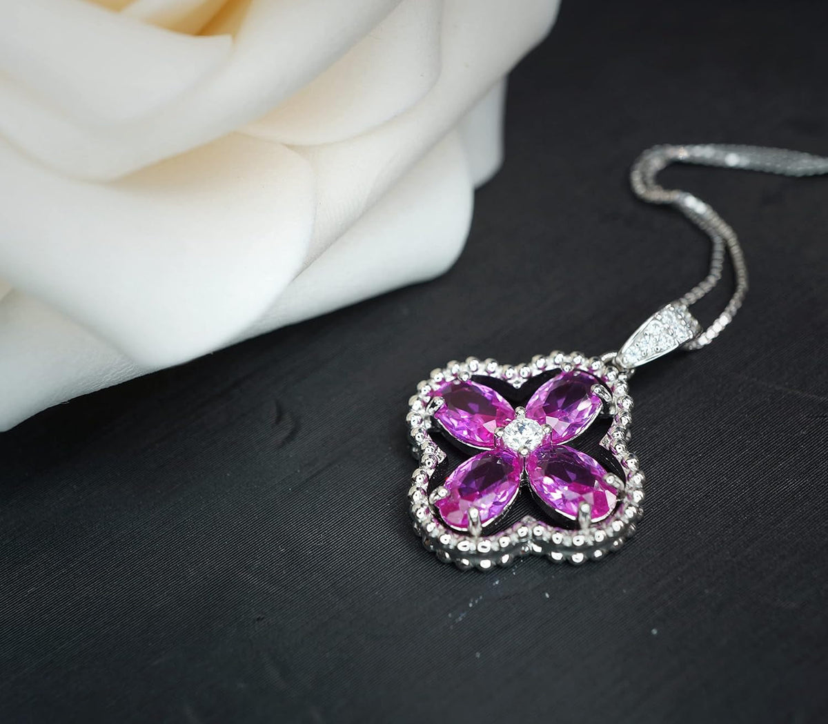 Pink Sapphire Jewelry Fuchsia Four Leaf Clover Pendant Green Peridot Necklace 18Kgp @ 925 Sterling Silver Adjustable Chain Ruby Aquamarine Amethyst Emerald Blue Sapphire Sunstone (Pink Sapphire)