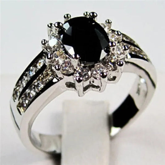 925 Silver Plated Black Sapphire Gemstones Party Ring Women's Fashion Jewelry Size 6-10