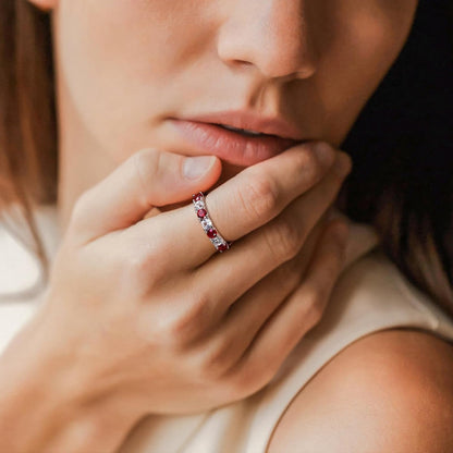 925 Sterling Silver Birthstone Rings for Women White Sapphire Created Gemstone Wedding Band Stackable Half Eternity 7 Stone Anniversary Ring Wife Mom Grandma Birthday Jewelry Size 6-10